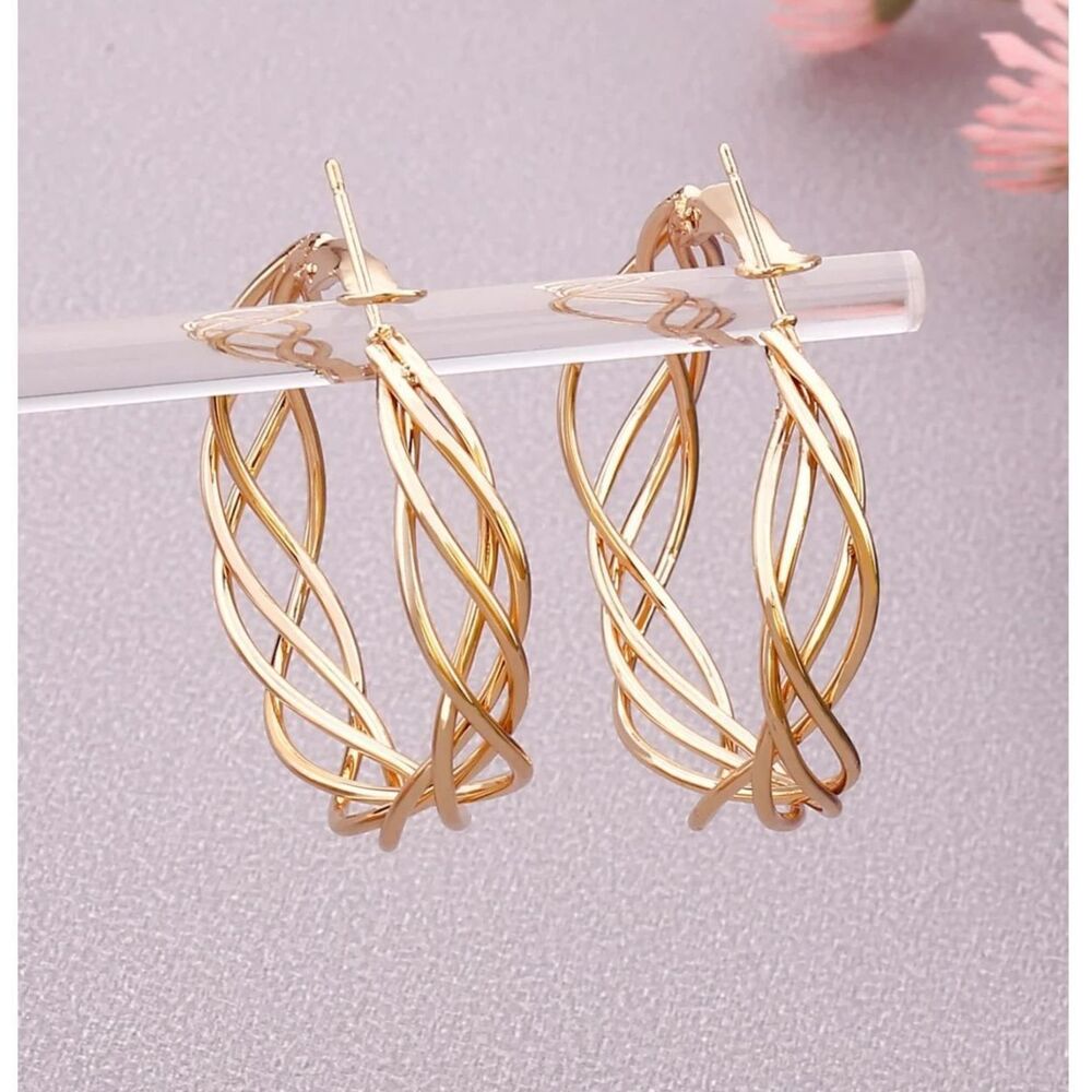 Gold Twist Open Braid Hoop Earrings 1.25" Lightweight Twist Swirl Dangle Secure